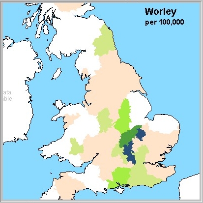 The county distribution of the Worleys in 1881